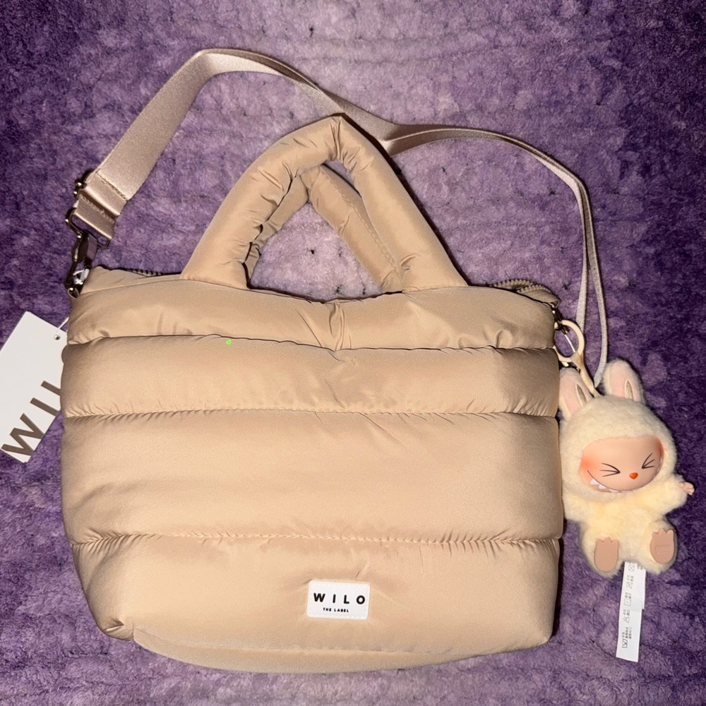 Tan Quilted Tote Mini Gym Bag With Strap